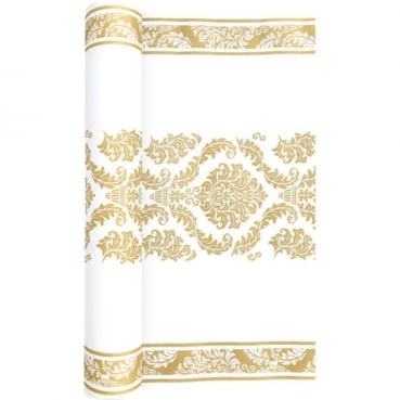 4,9 Meter Airlaid Papier Tischläufer mit Ornamenten in Gold-Weiß, 40 cm