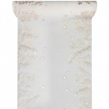 2,5 Meter Tischläufer hauchdünn, Weihnachten, Zweige in Creme/Gold, 27 cm
