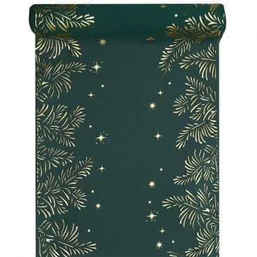 2,5 Meter Tischläufer hauchdünn, Weihnachten, Blätter in Tannengrün/Gold, 27 cm