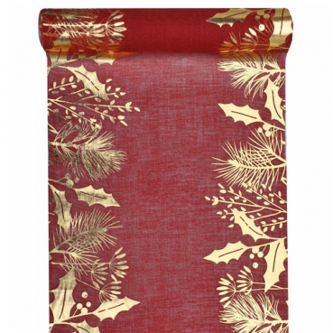 3 Meter Tischläufer Ilex, Tannenspitzen in Rot/Gold, 26 cm