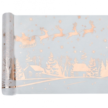 5 Meter Vlies Tischläufer Weihnachten, Fliegender Rentierschlitten in Weiß/Rosé-Gold, 30 cm