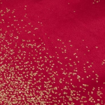 2,5 Meter Velours Tischläufer Weihnachten, Goldregen in Rot, 28 cm. Nahaufnahme.