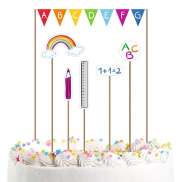 6 Deko Stecker, Tortendeko, Einschulung, ABC, Regenbogen, 21 cm