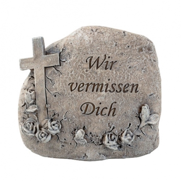 Trauer Deko Stein mit Kreuz und Rosen -Wir vermissen Dich-, 12 cm