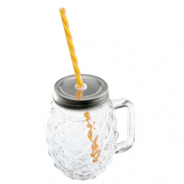 Sommer Glas mit Schraubdeckel und Trinkhalm in Ananas-Optik, 13 cm