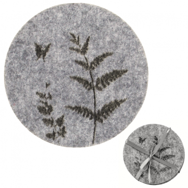 6 Filz Untersetzer Wildblumen, Schmetterling, rund in Grau, 11 cm
