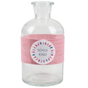 Glas Flaschen Väschen Einschulung, Schulkind in Rosa, Schriftzug in Flieder