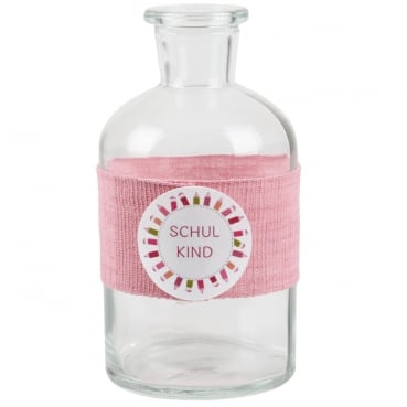 Glas Flaschen Väschen Einschulung, Schulkind in Rosa, Schriftzug in Pink