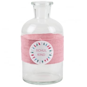 Glas Flaschen Väschen Einschulung in Rosa, Schriftzug in Rosa
