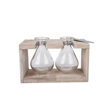 2 Glas Väschen hängend im Holzgestell, 18,5 cm