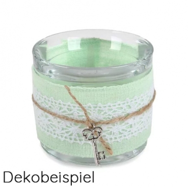 15 Meter Leinen-Optik Tischband in Mintgrün, 40 mm Vintage Teelichtglas mit Leinenoptikband in Mintgrün, Spitzenband in Weiß, Sisalschnur und Schlüssel, 65 mm.