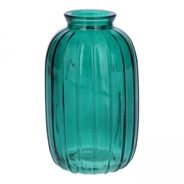 Glas Flaschen Väschen, oval mit Streifen in Smaragdgrün, 12 cm