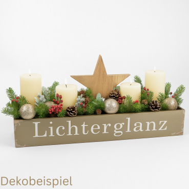 Dekobeispiel für die Holz Adventskiste, Adventskranz, Shabby Stil, -Lichterglanz- in Gold/Weiß, 50 cm.