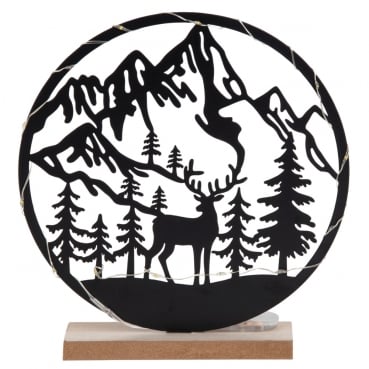 Metall Berglandschaft mit Hirsch und LED Beleuchtung, in Schwarz, 21 cm Metall Berglandschaft mit Hirsch und LED Beleuchtung, in Schwarz, 21 cm.