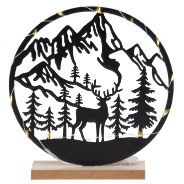 Metall Berglandschaft mit Hirsch und LED Beleuchtung, in Schwarz, 21 cm