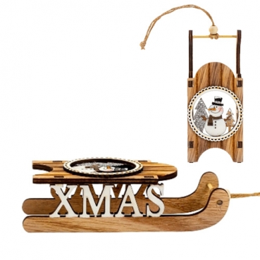 Deko Holz Schlitten Weihnachten, XMAS mit Schneemann-Deko & Sisalschnur, 14 cm