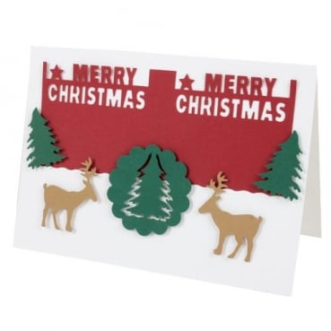 Handgemachte Grußkarte, Weihnachtskarte -Merry Crhistmas-, Hirsch, Tannenbaum in Rot/Dunkelgrün