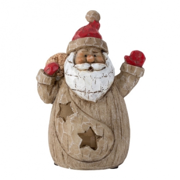 Deko Figur Nikolaus, Weihnachtsmann, mit Jutesack & LED Beleuchtung in Holz-Optik, 11 cm