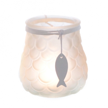 Glas Windlicht Maritim, Schuppenmuster mit Holz Fischanhänger in Weiß, 11 cm