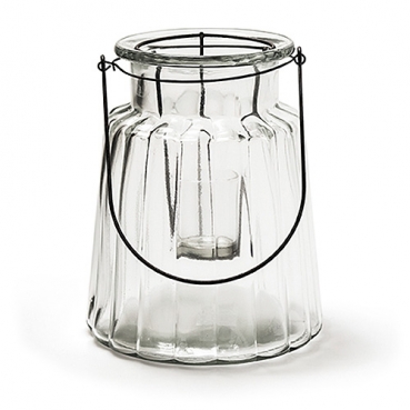 Glas Windlicht, Laterne mit Teelichthalter Einsatz, mit Rillen, 22 cm