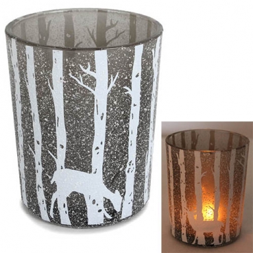 Glas Windlicht Winterwald mit Schnee in Weiß/Rauchgrau, 12,5 cm