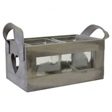 Holzbox Shabby mit Henkel, 2 Teelichtgläsern, Herzen in Grau, 19 cm