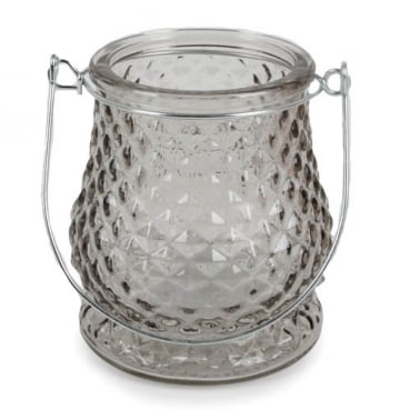 Glas Windlicht, Diamant, klar mit Henkel in Silber, 10 cm