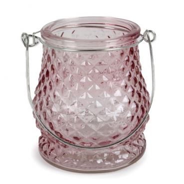 Glas Windlicht, Diamant in Rosa mit Henkel in Silber, 10 cm