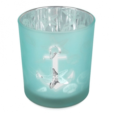 Glas Windlicht Maritim, Muscheln, Anker in Mint satiniert, Silber verspiegelt, 90 mm