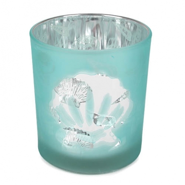 Glas Windlicht Maritim, Muscheln in Mint satiniert, Silber verspiegelt, 90 mm