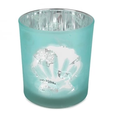 Glas Windlicht Maritim, Muscheln in Mint satiniert, Silber verspiegelt, 90 mm
