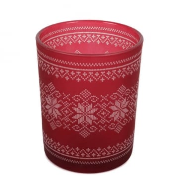 Großes Windlicht Winter, Weihnachten mit Norweger Muster Rot, 12,5 cm