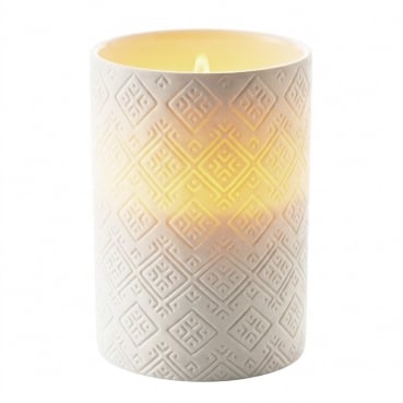 Kerze im Porzellan Windlicht, Muster Modern in Weiß, 10 cm, 35 h Brenndauer