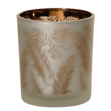 Teelichtglas Blätter in Weiß/Bronze verspiegelt, 80 mm