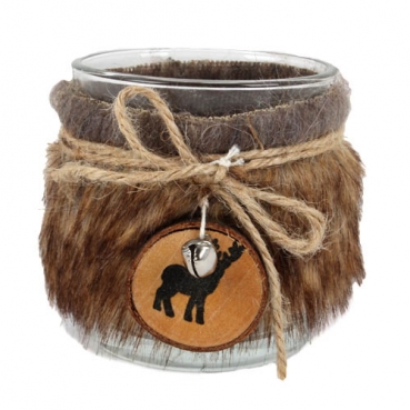 Glas Windlicht mit Kunstfell, Holzverzierung mit Hirsch, 80 mm