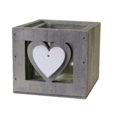 Holzbox Shabby mit Teelichtglas, Herzen in Grau/Weiß, 95 mm
