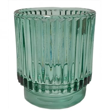 Teelichtglas, Windlicht mit Streifen in Smaragd, 78 mm