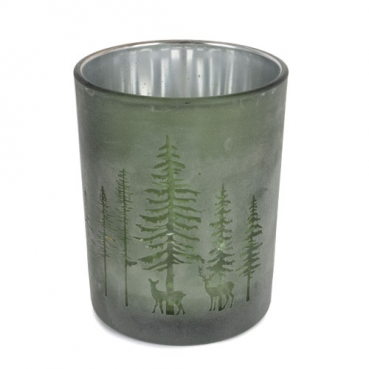 Windlichtglas Winter Waldlandschaft mit Reh & Hirsch in Grün/Silber verspiegelt, 12,5 cm