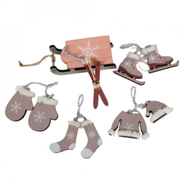 7 tlg. Holz Christbaumschmuck, Winterdeko-Set in Taupe/Rosa, 5 - 13 cm