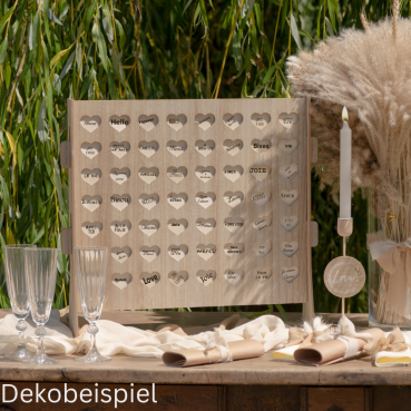 Dekobeispiel mit dem Holz Wunschrahmen, Gästebuch, Hochzeit, Geburtstag mit 56 Holzscheiben zum Beschriften, 46,5 cm.