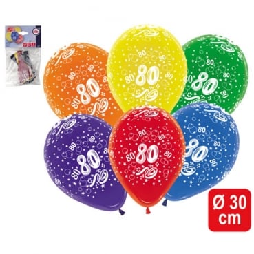 5er Pack Zahlenluftballons 80, Geburtstag, Jubiläum, bunt