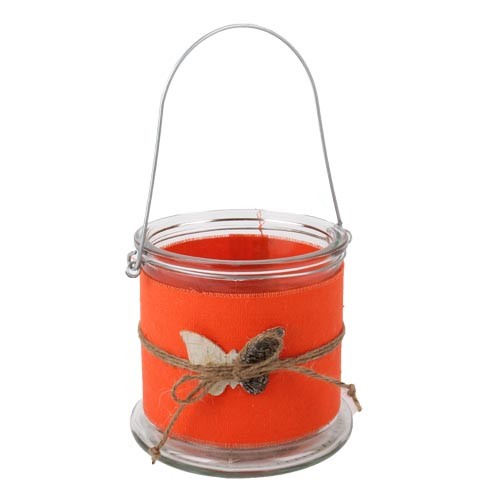 Glas Windlicht mit Schmetterling aus Birkenrinde in Orangerot, 12 cm