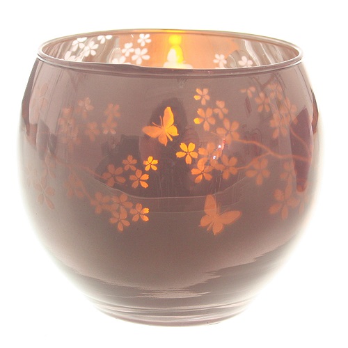 Teelichtglas rund verspiegelt in Flieder mit Schmetterlingen, 70 mm.