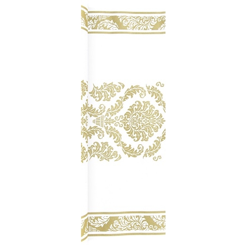4,9 Meter Airlaid Papier Tischläufer mit Ornamenten in Gold/Weiß, 40 cm breit.