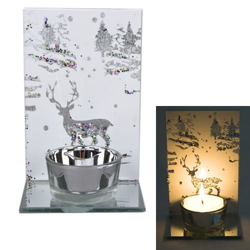 Teelichthalter Hirsch Winterzeit aus Spiegelglas mit Glitzer