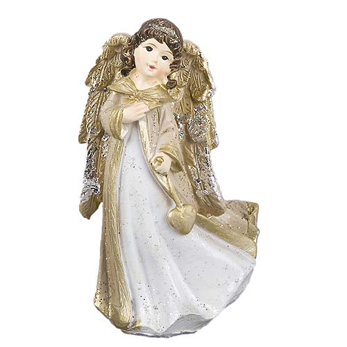 Deko Engel mit Herz in Weiß/Gold glitzernd, 11 cm.