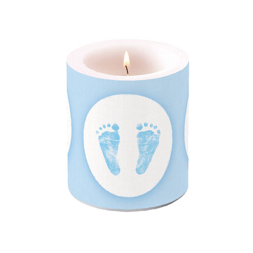 Tischkerze Taufe Babyfüßchen in Hellblau, 90 mm, 35 h Brenndauer
