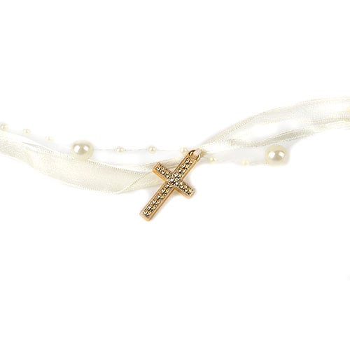 5 Meter Trendy Band mit Perlen und Kreuzen in Creme/Gold