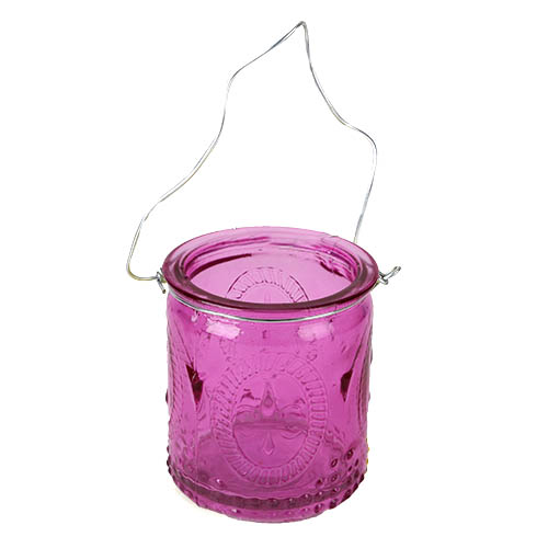 Teelichtglas Lilienmotiv mit Henkel in Pink