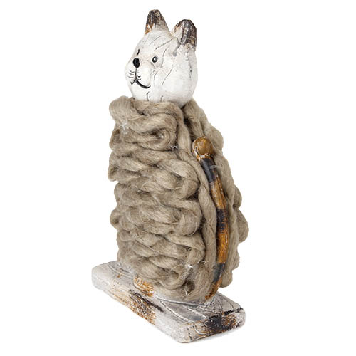 Holzoptik Katze mit Wolle, 15 cm.
